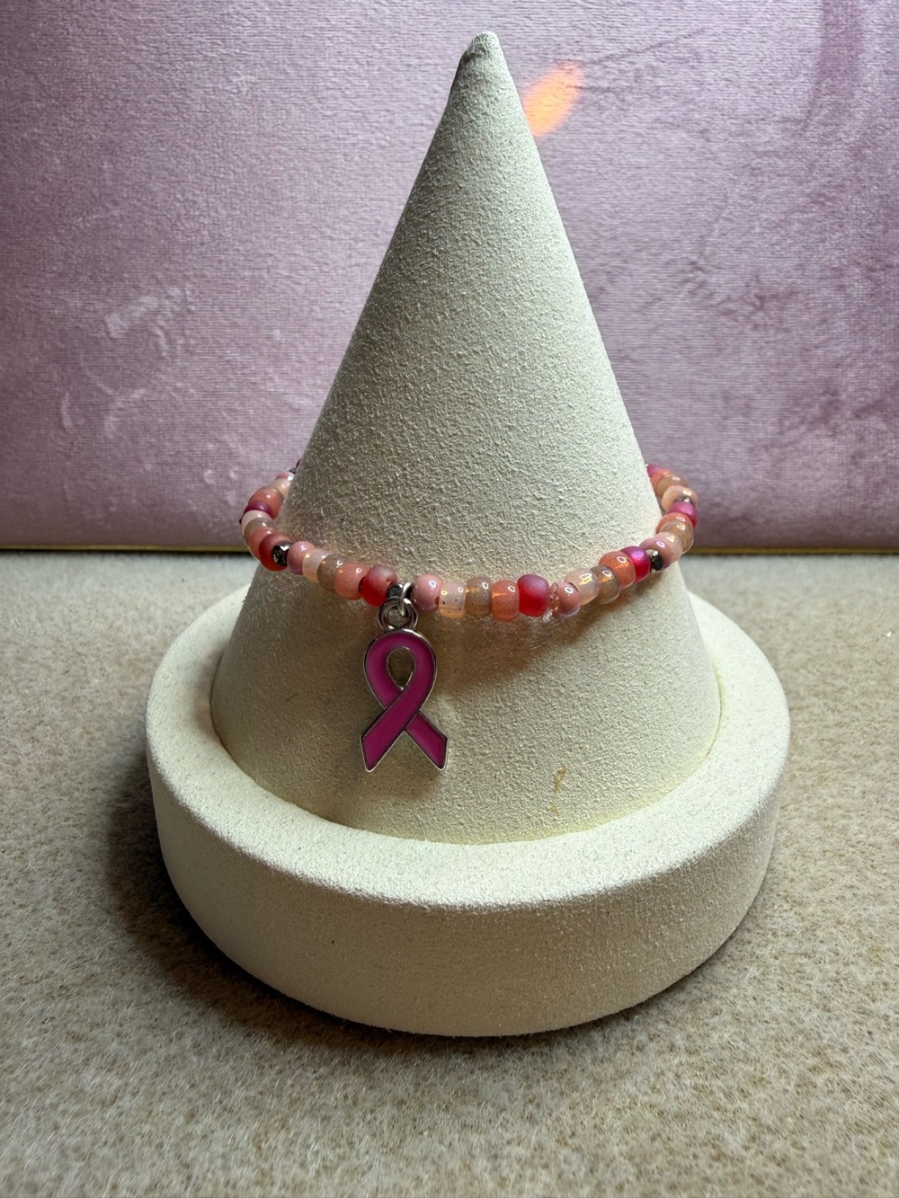Pink Beaded Stretch Bracelet with Ribbon Charm